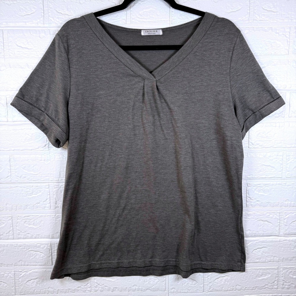 Ekouaer V-Neck Tee Women Large Gray Short Sleeve Pleated Casual Top